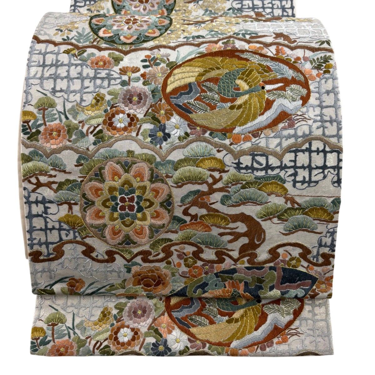 袋帯 逸品 華文 鶴 刺繍 金糸 銀色 六通 正絹 【中古】