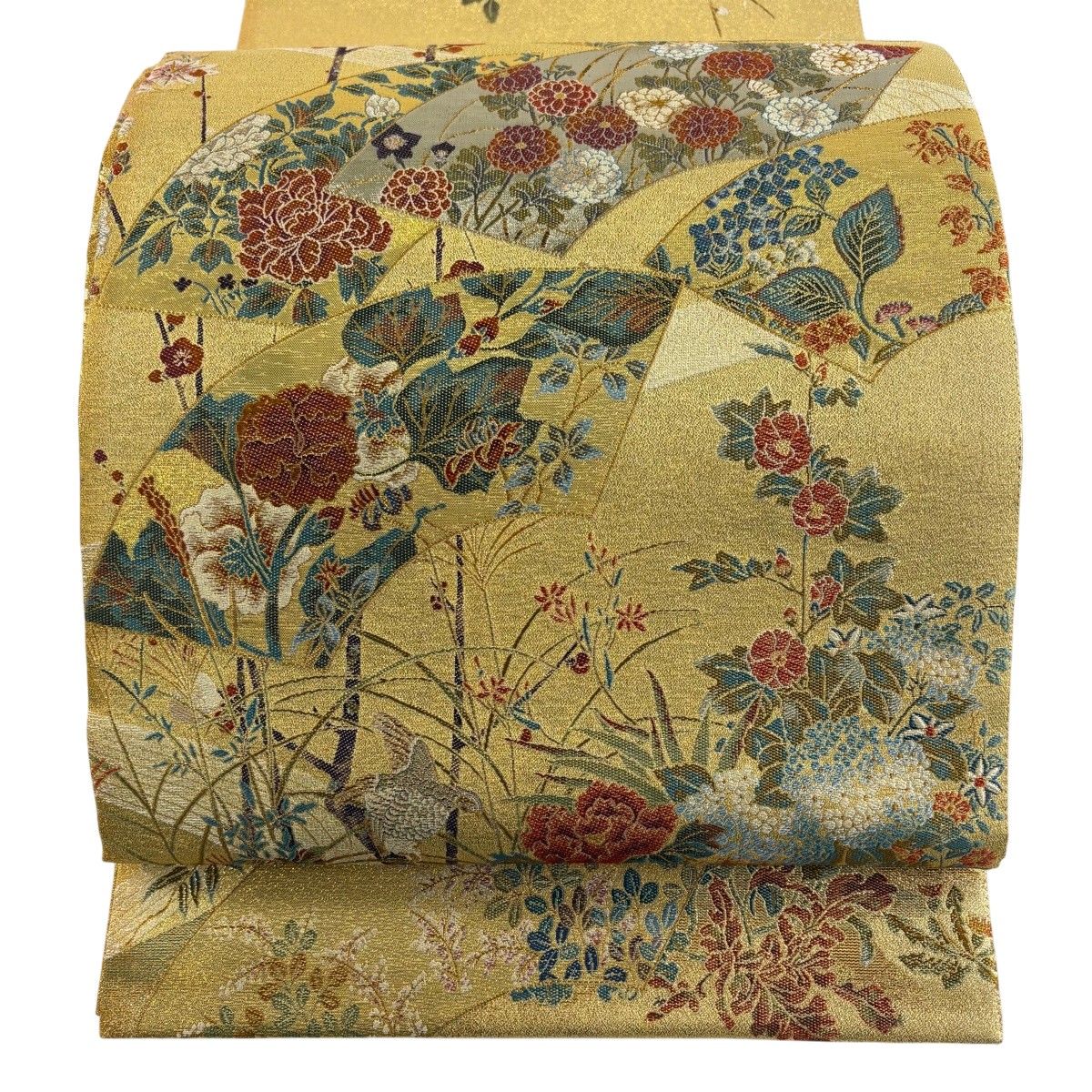 丸帯 逸品 扇面 草花 金糸 箔 金色 お太鼓柄 正絹 【中古】