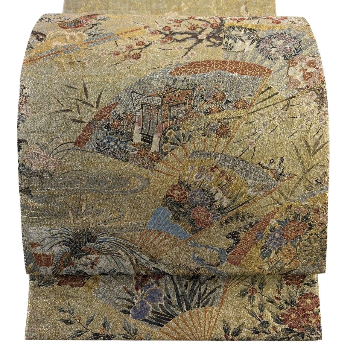丸帯 逸品 扇 花鳥 金糸 箔 金色 お太鼓柄 正絹 【中古】