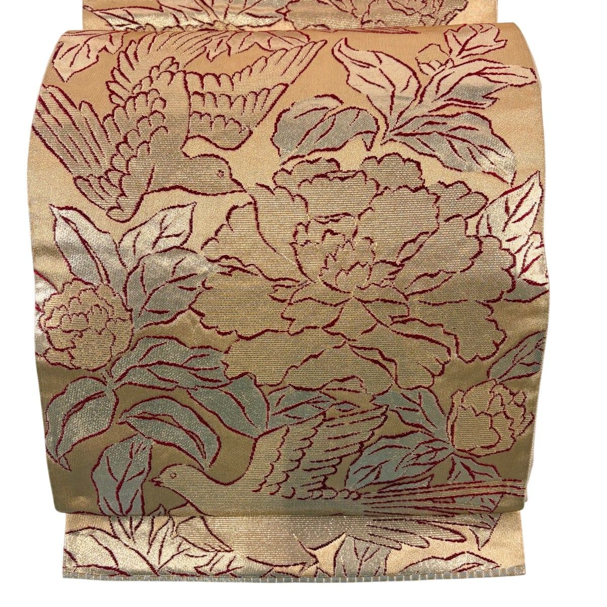 袋帯 逸品 龍村美術織物 たつむら 関西仕立て 花鳥苑錦 金糸 箔 金色 六通 正絹 【中古】