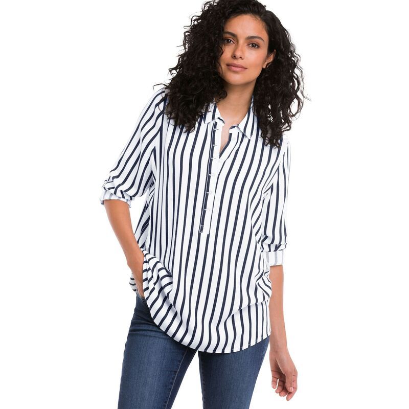 Ellos レディース トップス Tシャツ プラスサイズ ellos Plusize Button Placket Popover Tunic Navy Stripe ネイビー