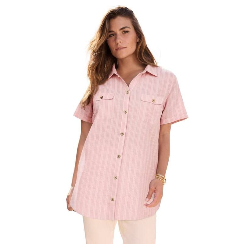 ロアマンズ レディース トップス Tシャツ プラスサイズ Roamans Womens Plusize Seersucker Shirt Blush Triple Stripe ブラッシュ
