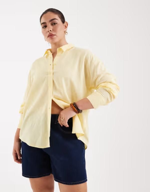 エイソス レディース トップス シャツ リネン ASOS Curve ASOS DESIGN Curve linen blend shirt in yellow イエロー