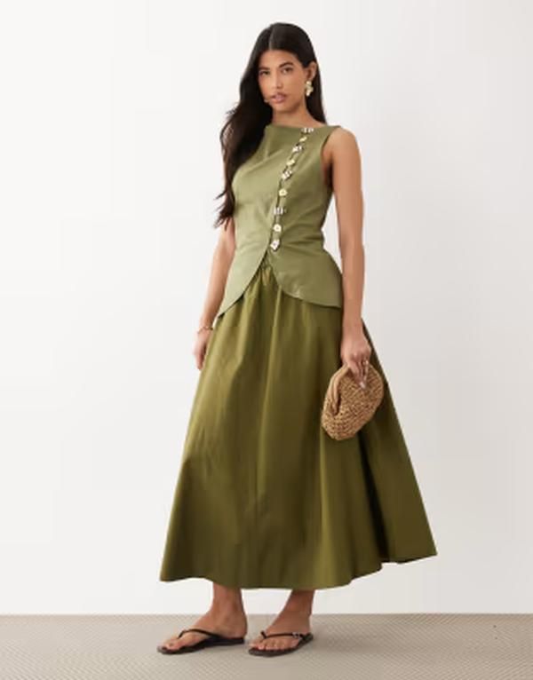 エイソス レディース トップス ワンピース ベスト スカート リネン ASOS DESIGN linen look vest midaxi dress with poplin skirt in oli
