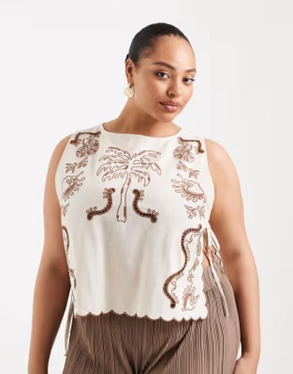 エイソス レディース トップス シャツ 刺繍 ASOS Curve ASOS DESIGN Curve Angie Palm beach tropical embroidered tie side t