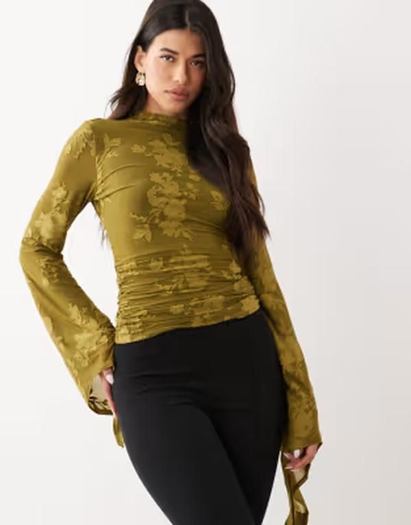 エイソス レディース トップス シャツ ASOS DESIGN devore angel sleeve top in olive オリーブ