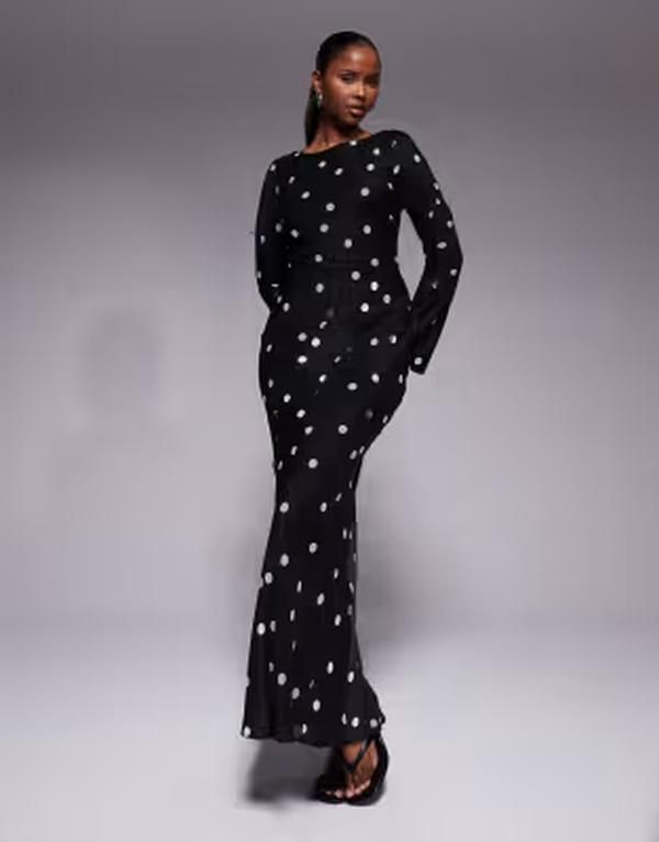 エイソス レディース トップス ワンピース サテン マキシ ASOS DESIGN satin slash neck long sleeve maxi dress with raw edge pane