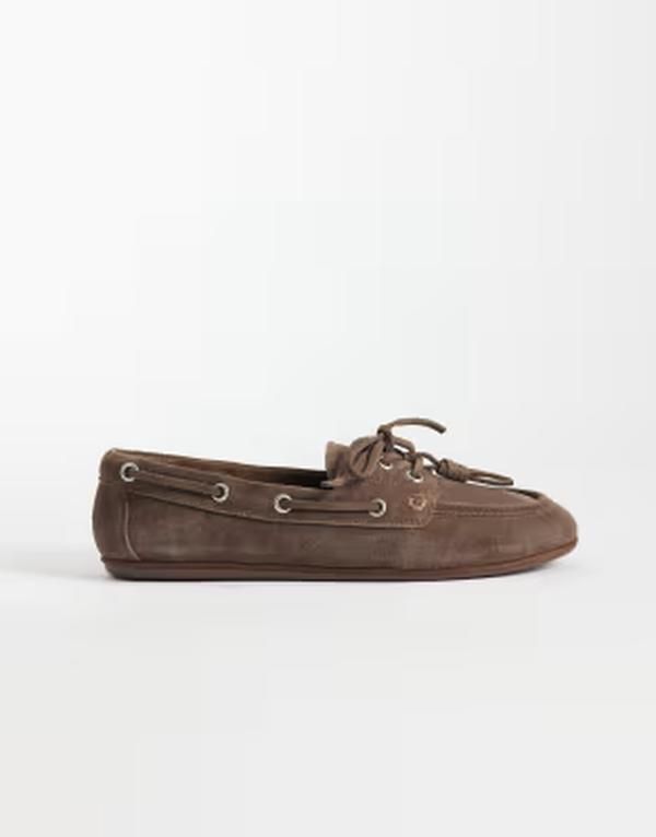 マンゴ レディース シューズ レザー Mango leather boat shoes Dark brown ブラウン