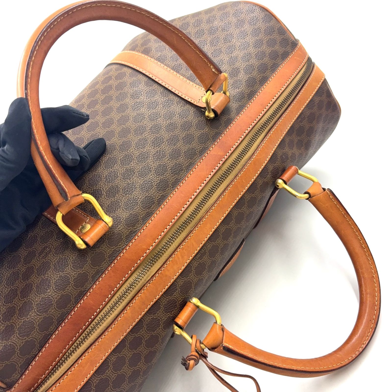 新着】CELINE マカダム柄 レザー、PVC ブラウン ボストンバッグ