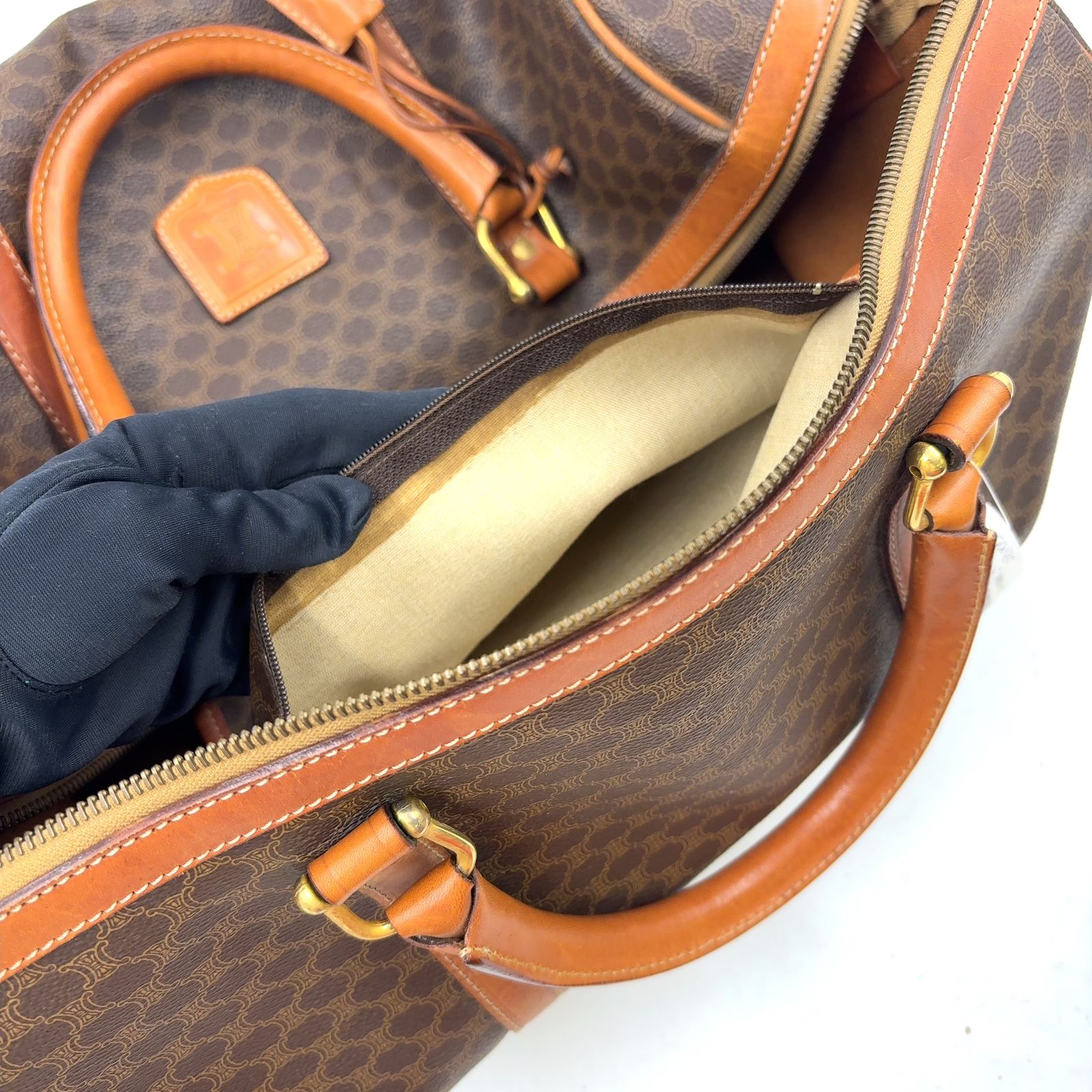 新着】CELINE マカダム柄 レザー、PVC ブラウン ボストンバッグ