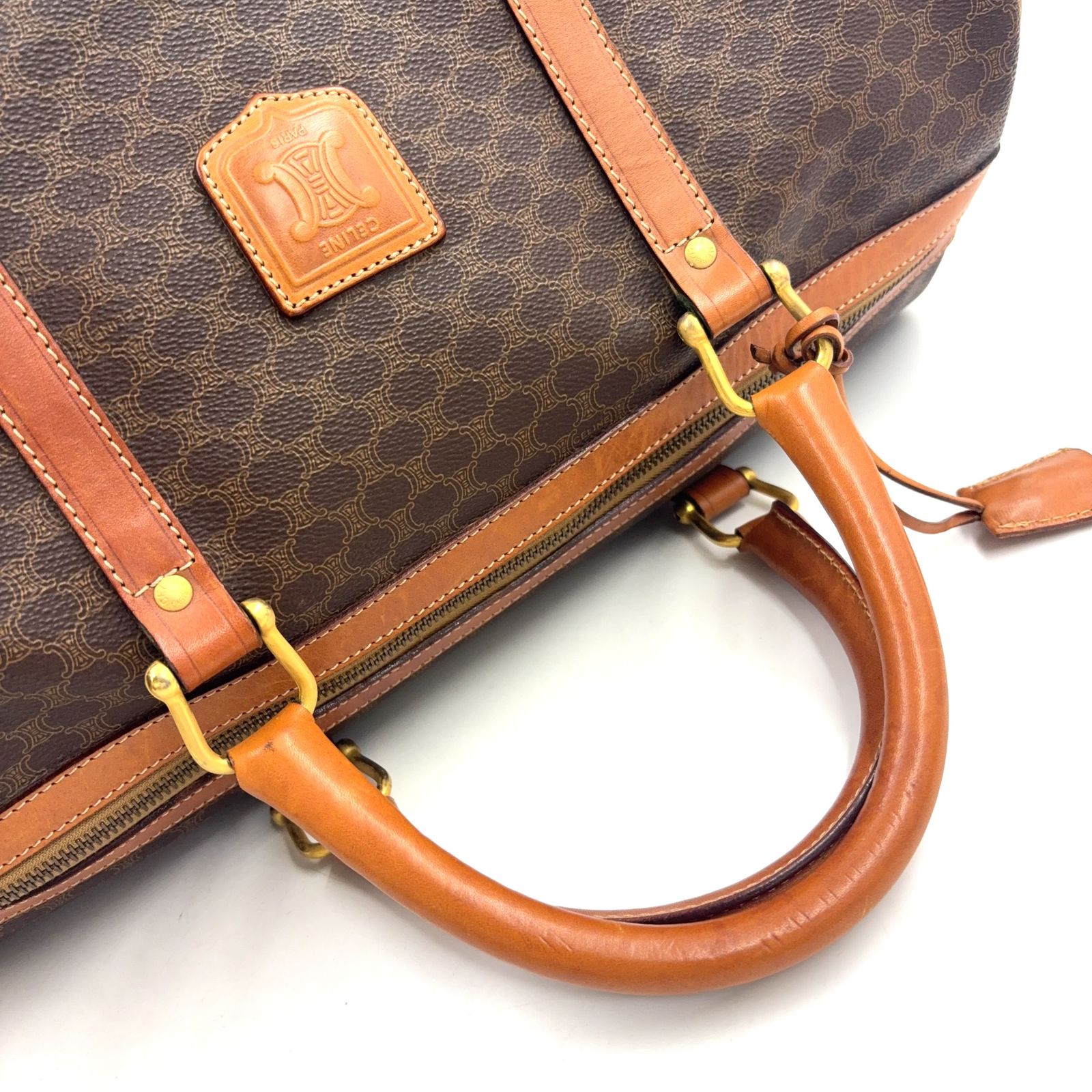 新着】CELINE マカダム柄 レザー、PVC ブラウン ボストンバッグ