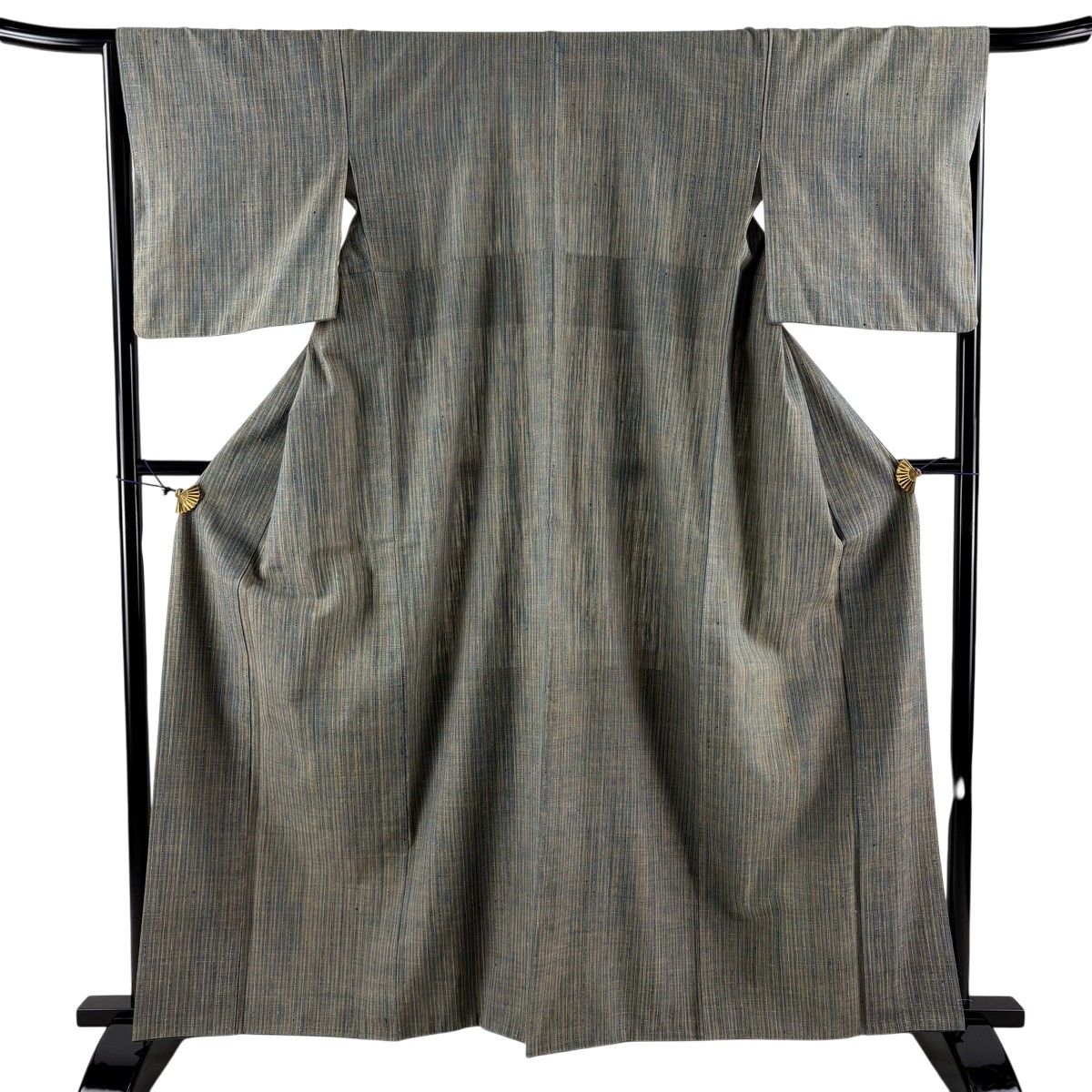 【美品】 紬 身丈160cm 裄丈66.5cm M 袷 縦縞 灰緑 正絹 秀品 【中古】