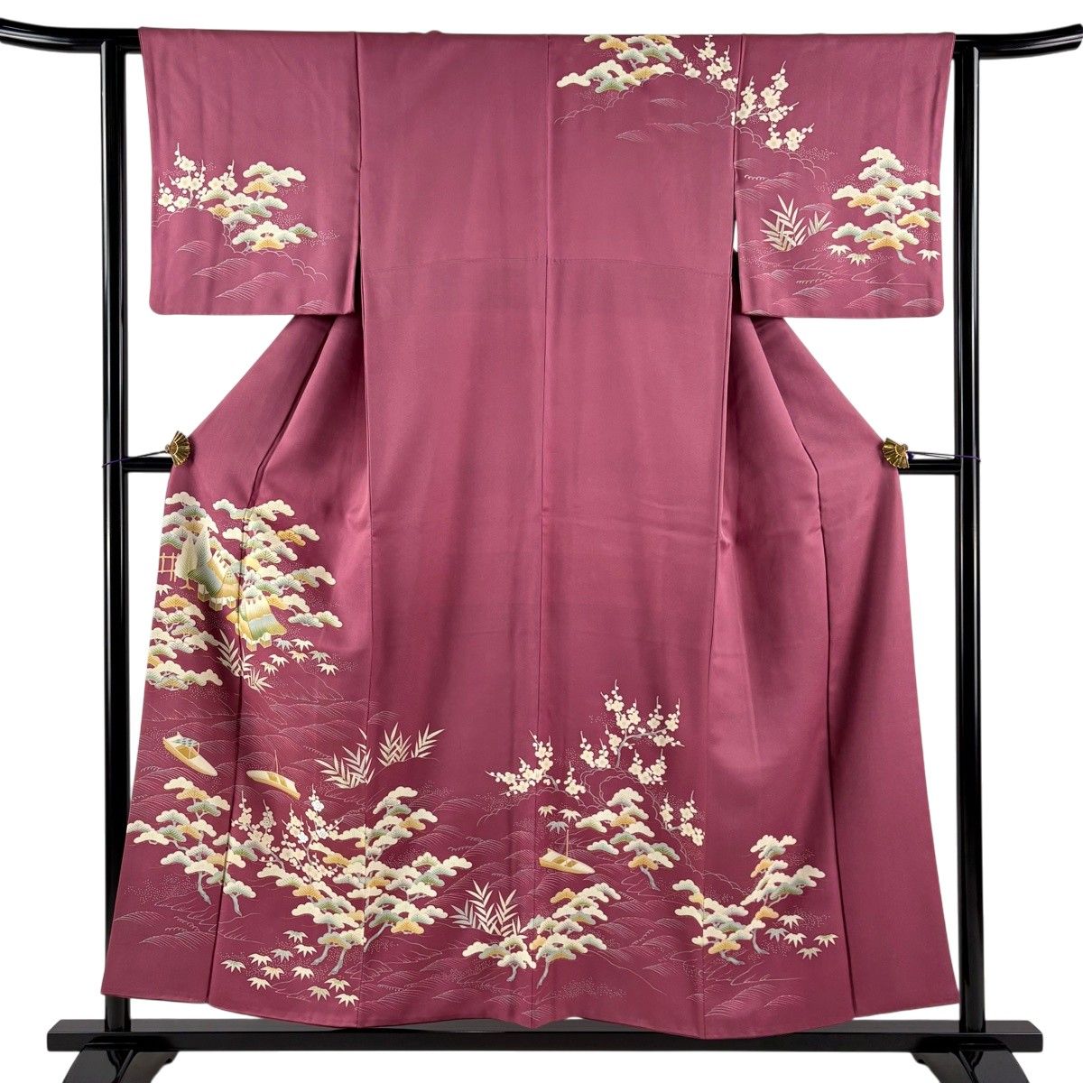 訪問着 身丈154.5cm 裄丈62cm S 袷 家屋 松竹梅 金糸 刺繍 赤紫 正絹