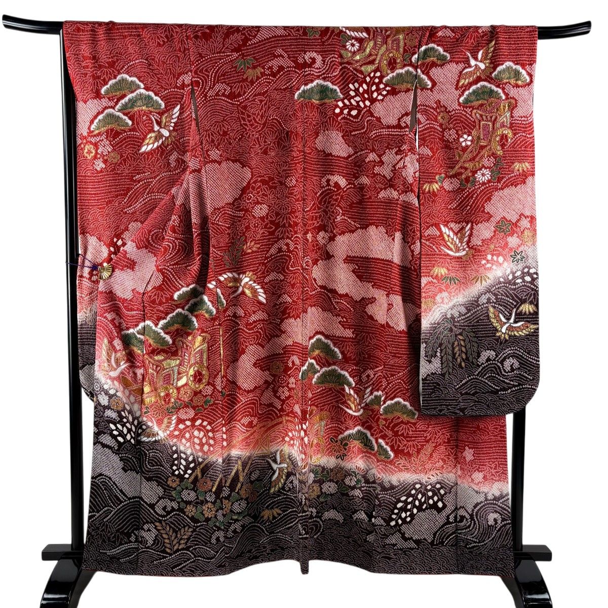 振袖 秀品 御所車 松 金彩 絞り 紫 袷 身丈159cm 裄丈67.5cm L 正絹