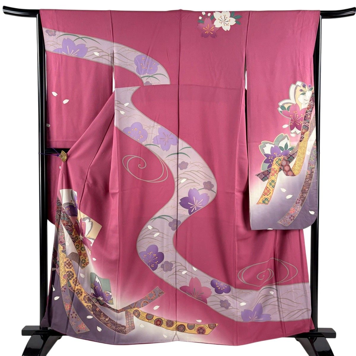 振袖 身丈160.5cm 裄丈64.5cm M 袷 桜 蔓帯 金彩 ぼかし 濃ピンク 正絹 秀品 【中古】