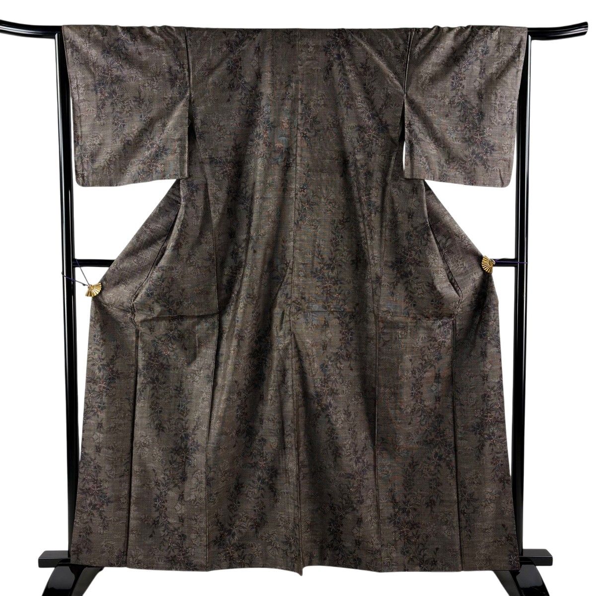 【美品】 紬 身丈161.5cm 裄丈65.5cm M 袷 草花 焦茶色 正絹 秀品 【中古】