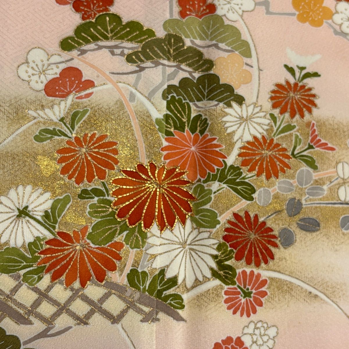 訪問着 身丈161.5cm 裄丈66.5cm M 袷 菊 松竹梅 金糸 金彩 薄ピンク