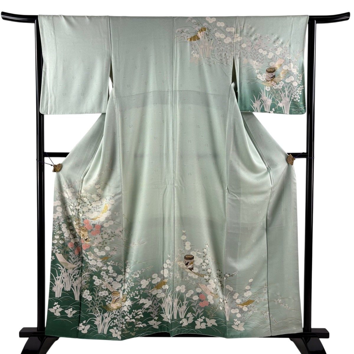 訪問着 身丈157.5cm 裄丈64cm M 袷 貝桶 短冊 金彩 ぼかし 薄緑 正絹 秀品 【中古】