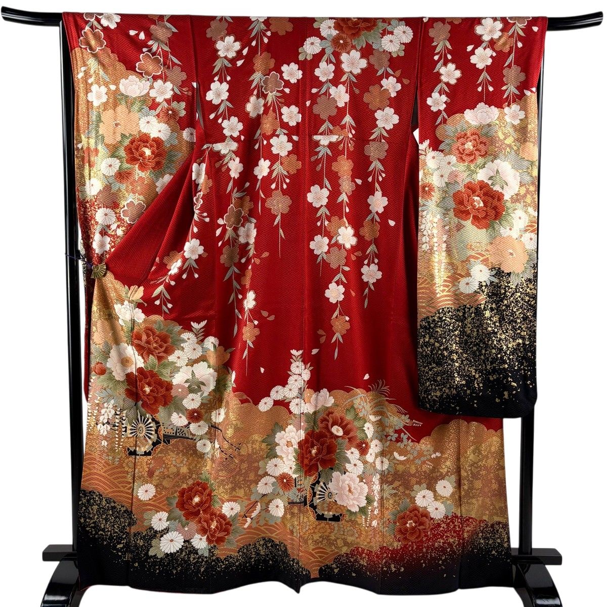 振袖 身丈166.5cm 裄丈66cm M 袷 花車 波 金彩 赤 正絹 秀品 【中古】