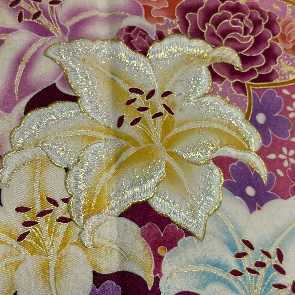 振袖 身丈168.5cm 裄丈69cm L 袷 桜 百合 箔 金糸 濃ピンク 正絹 秀品