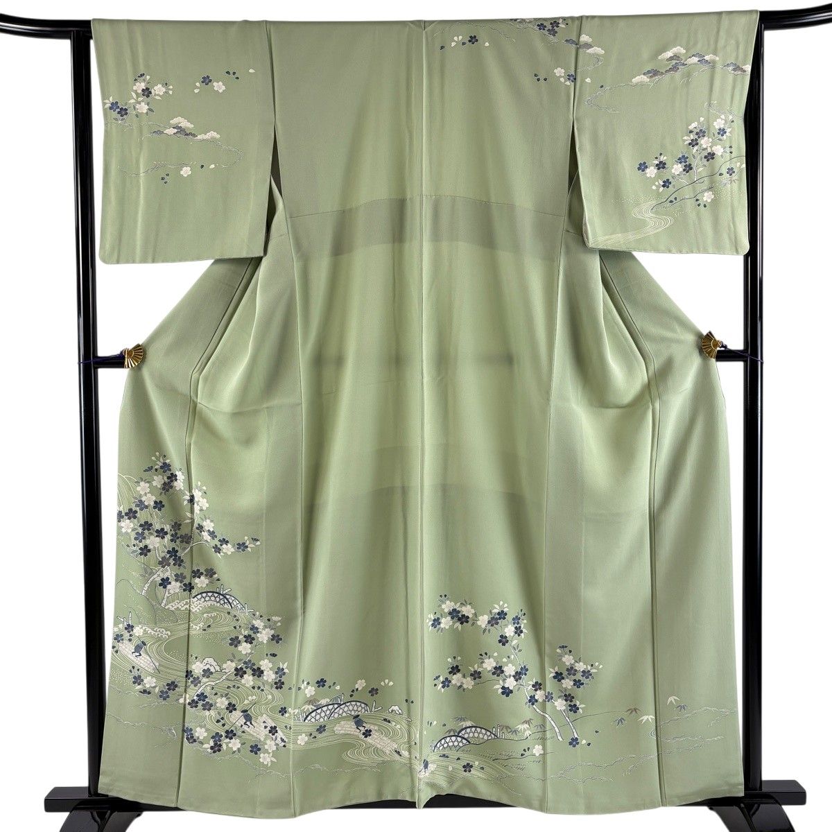 訪問着 身丈158cm 裄丈65.5cm M 袷 桜 人物 金糸 金彩 薄緑 正絹 秀品 【中古】