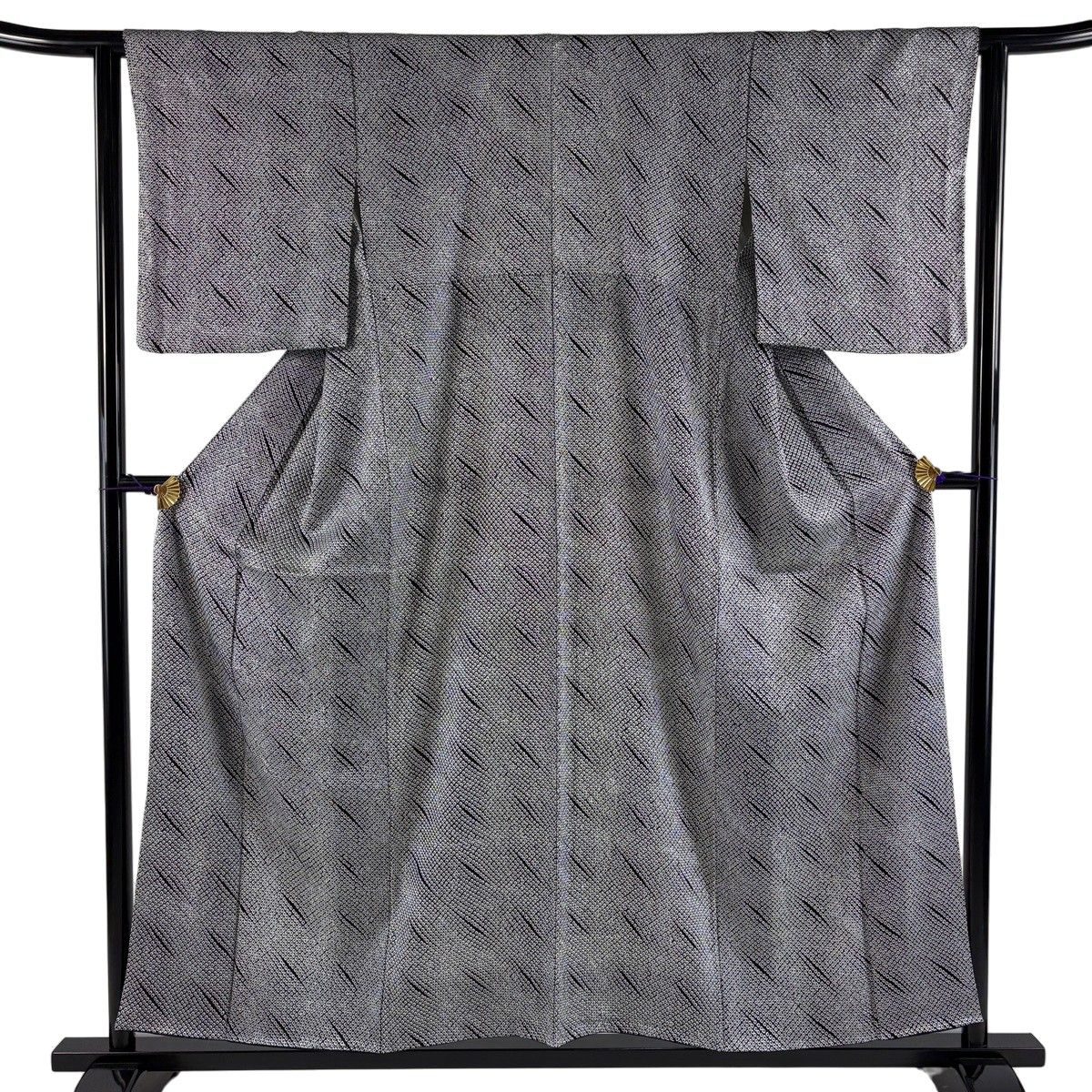 【美品】 小紋 身丈155.5cm 裄丈63cm S 袷 総絞り 黒灰 正絹 秀品 【中古】