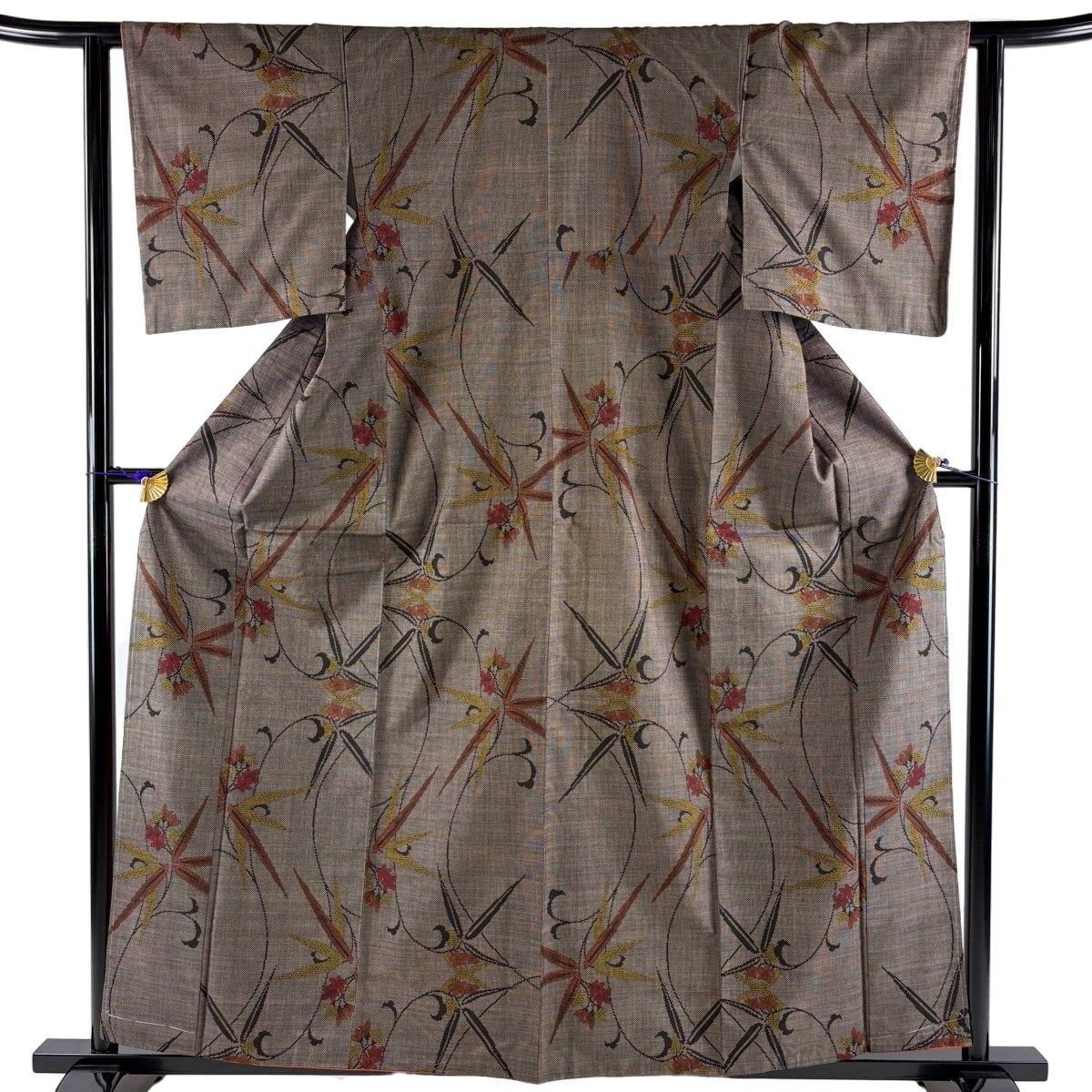 【美品】 紬 身丈159.5cm 裄丈62cm S 袷 草花 焦茶色 正絹 秀品 【中古】
