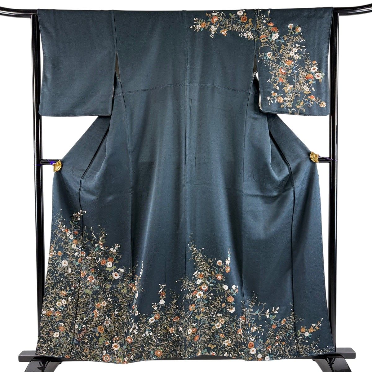 【美品】 訪問着 身丈158.5cm 裄丈64.5cm M 袷 花唐草 金彩 深緑 正絹 秀品 【中古】