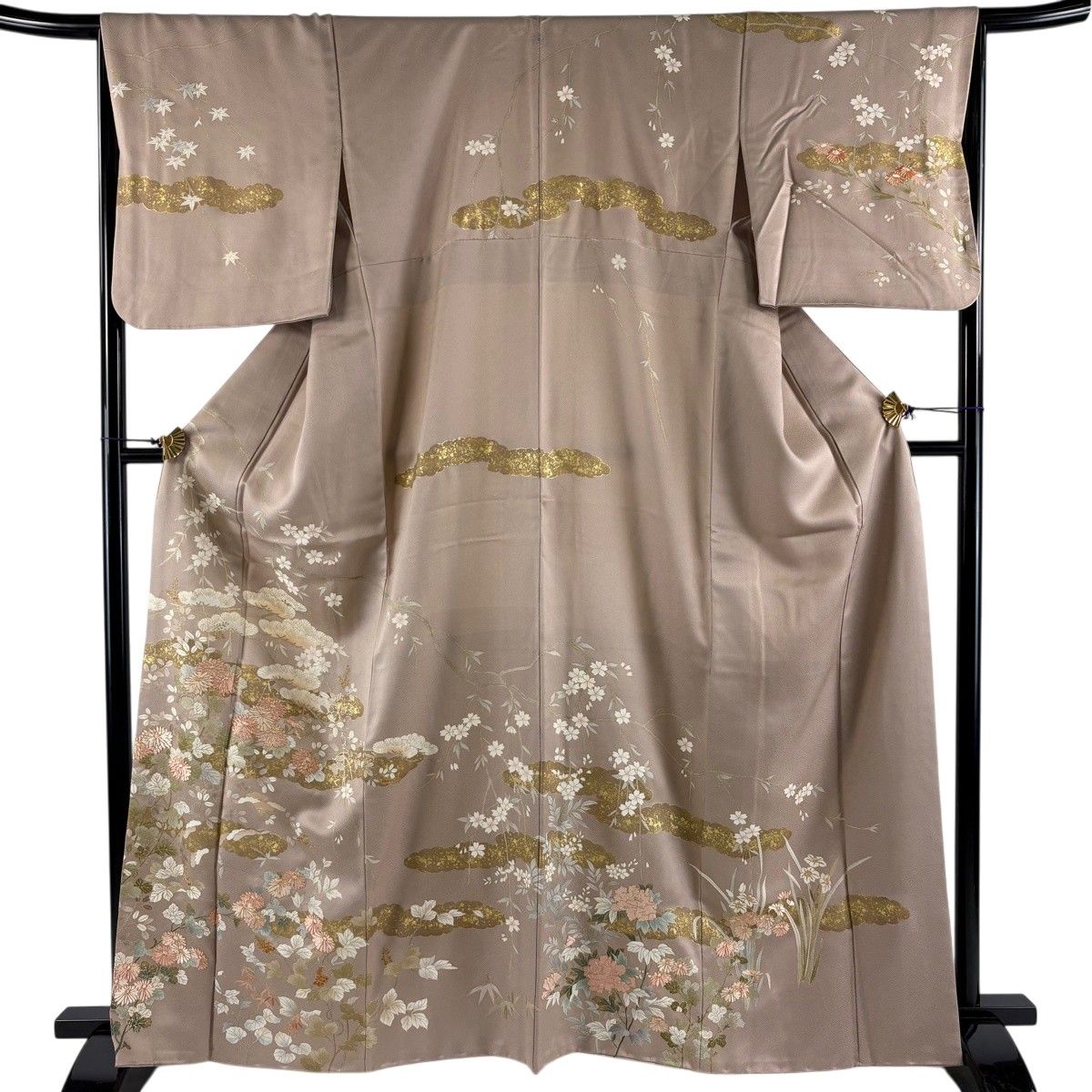 訪問着 身丈165cm 裄丈66.5cm M 袷 草花 雲文 金糸 金彩 薄小豆 正絹 秀品 一つ紋 【中古】
