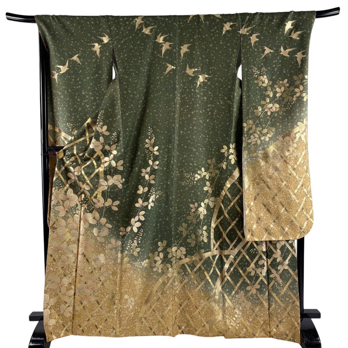 振袖 身丈168cm 裄丈70cm L 袷 萩 光悦垣 金彩 染め分け 深緑 正絹 秀品 【中古】