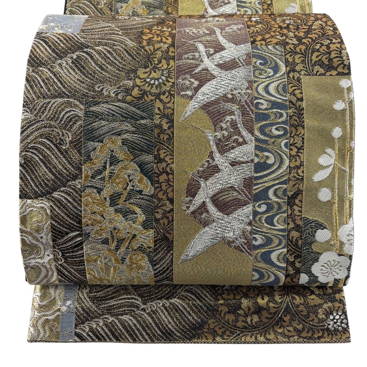 【美品】 袋帯 秀品 関西仕立て 短冊 鶴 金銀糸 箔 黒 六通 正絹 【中古】