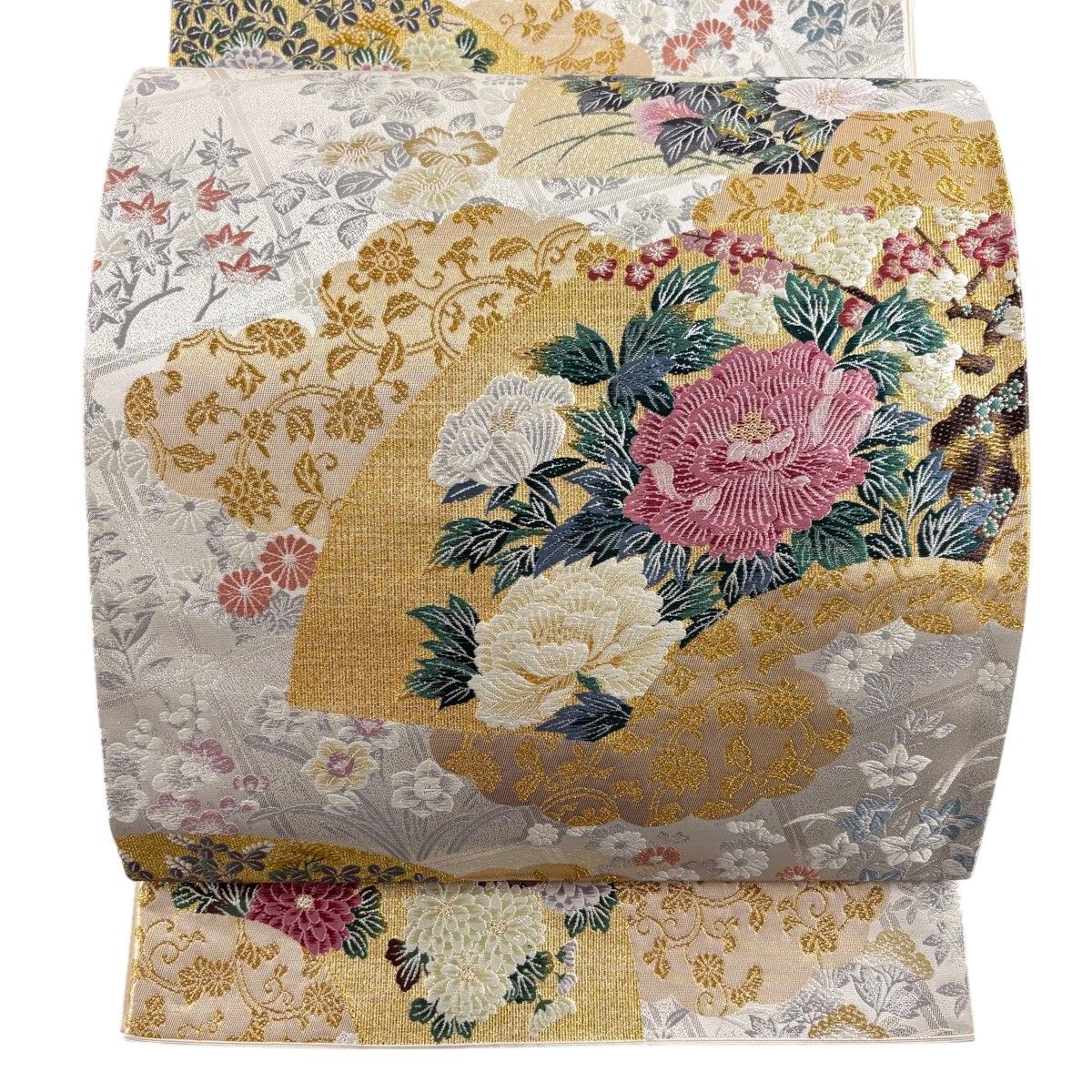 【美品】 袋帯 秀品 関西仕立て 草花 扇面 箔 金糸 銀色 六通 正絹 【中古】