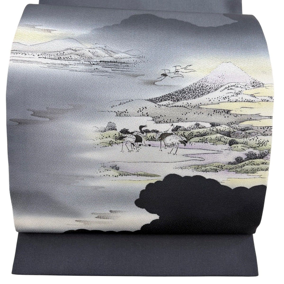 【美品】 袋帯 秀品 山 鶴 ぼかし 墨色 お太鼓柄 正絹 【中古】