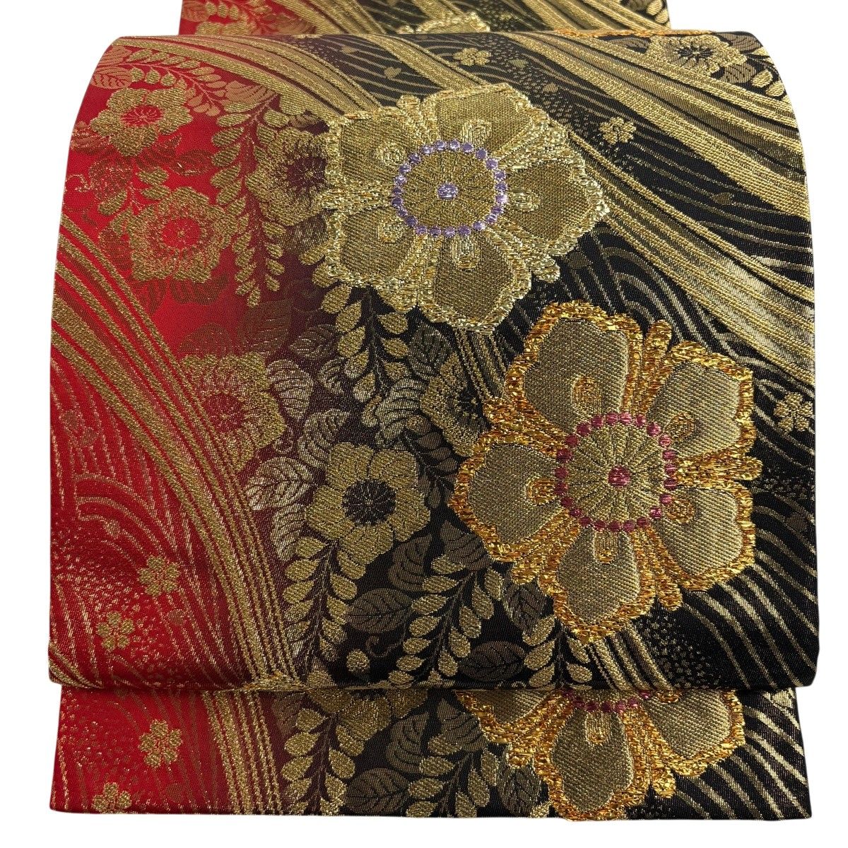美品】 袋帯 秀品 振袖向き 辻が花柄 草花 箔 赤 六通 正絹 【中古