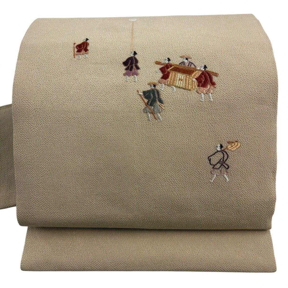 【美品】 名古屋帯 秀品 駕籠 人物 刺繍 金糸 ベージュ 正絹 【中古】