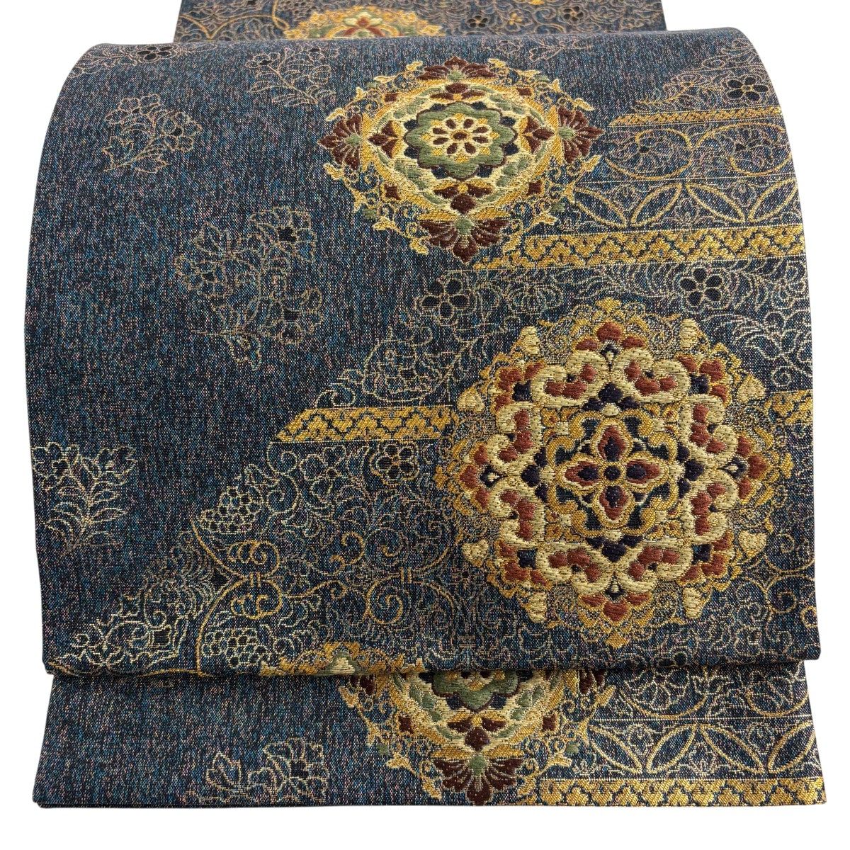 【美品】 袋帯 秀品 華文 草花 箔 刺繍 青灰色 六通 正絹 【中古】