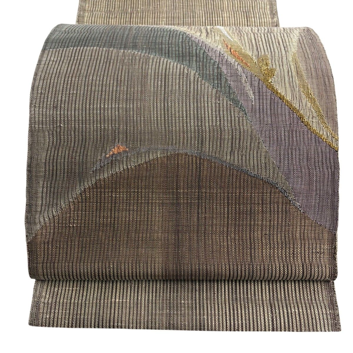 【美品】 袋帯 秀品 幾何学 金糸 灰茶 お太鼓柄 正絹 【中古】