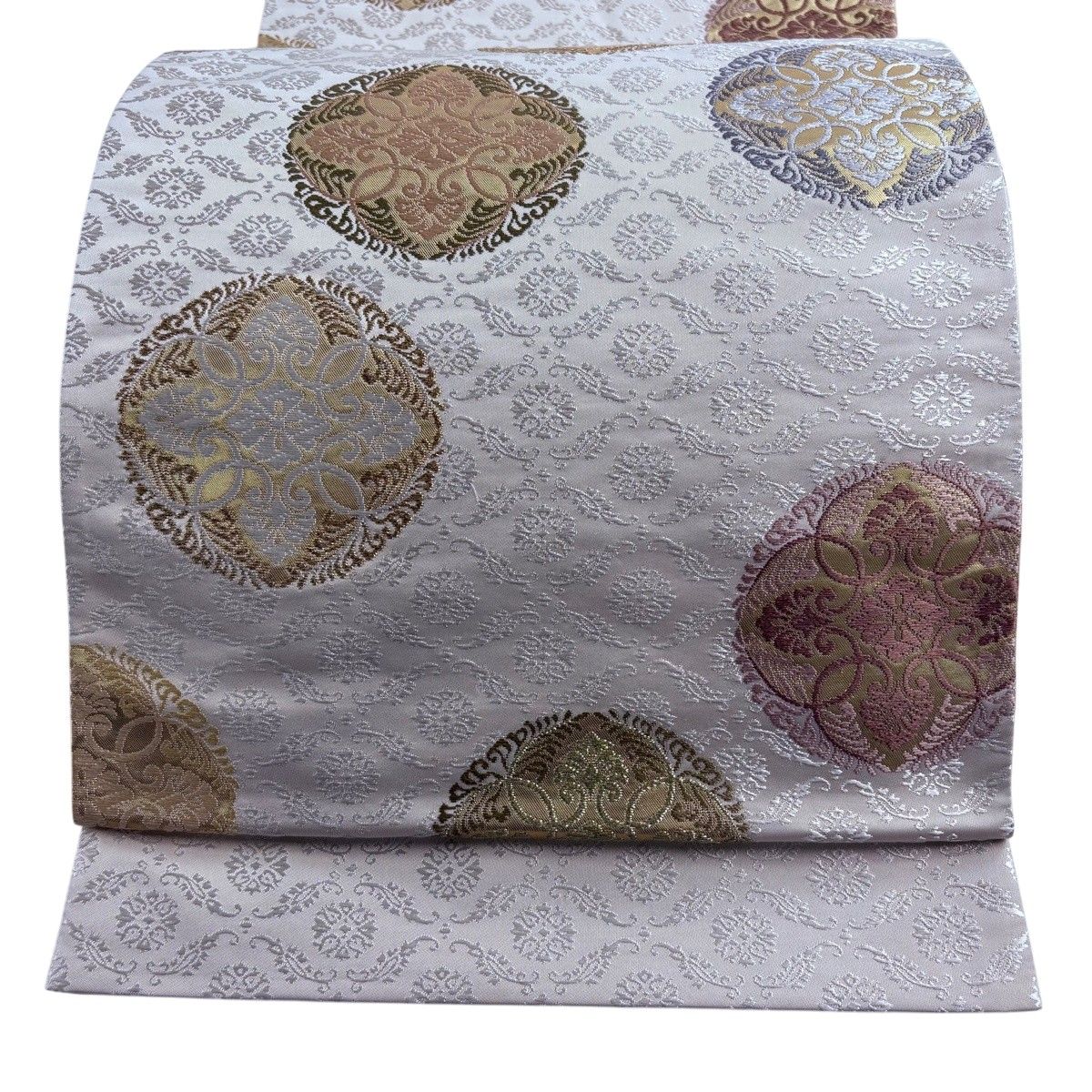 【美品】 袋帯 秀品 小葵八藤花文 箔 唐織 クリーム 六通 正絹 【中古】