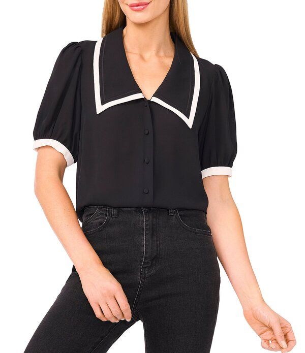 セセ レディース トップス シャツ コントラスト ニット CeCe Knit Point Collar Short Puff Sleeve Contrastrim Top Rich Black ブラッ