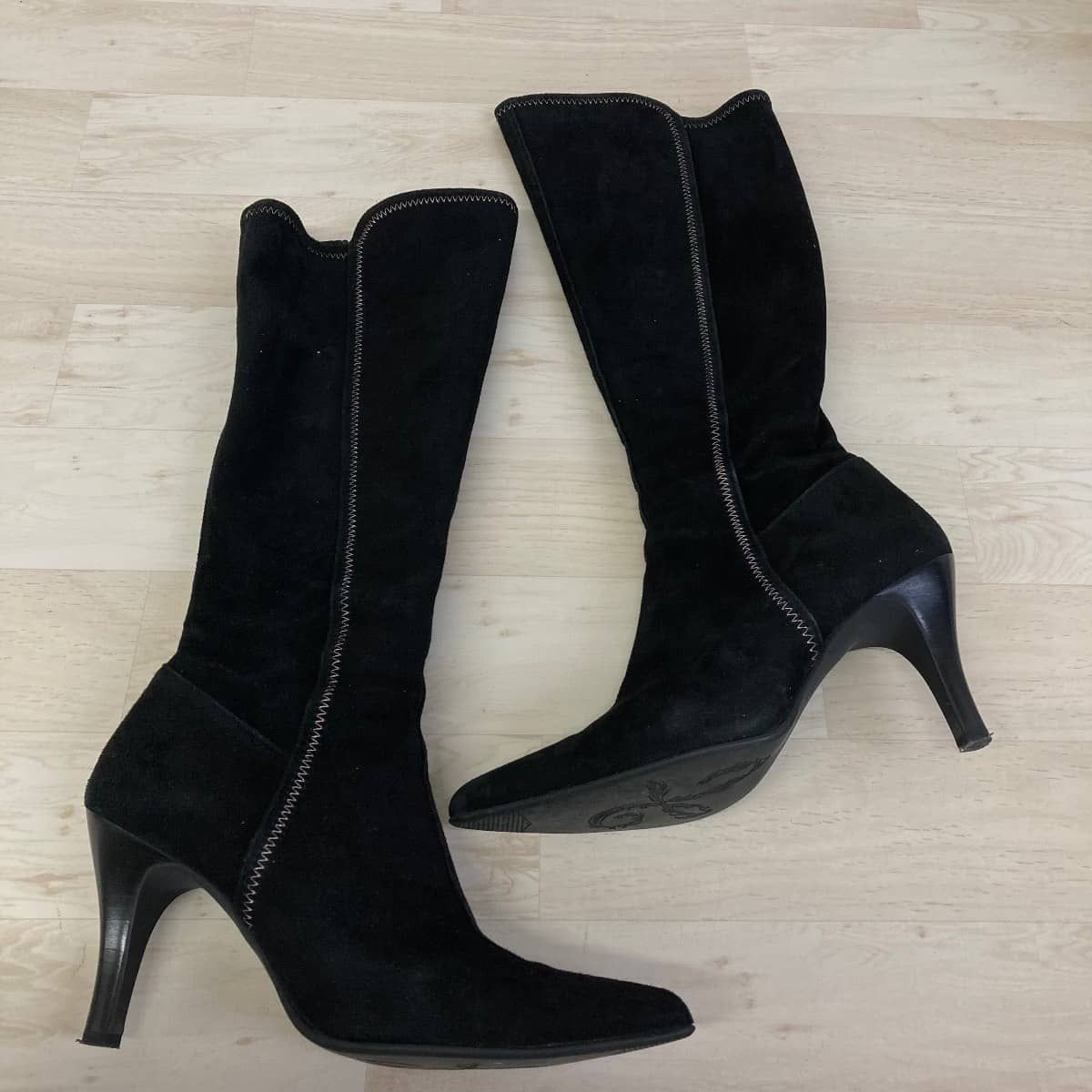 美品 銀座かねまつ ロングブーツ 23cm BLK/ブラック スエード/SUE 美品 銀座かねまつ ロングブーツ 23cm BLK/ブラック スエード/SUE