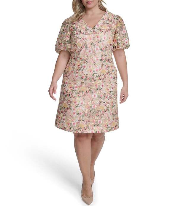 エリザジェイ レディース トップス ワンピース Vネック フラワー柄 プラスサイズ プリント フラワー Eliza J Plusize Floral Print VNeck Puff Sleeve F
