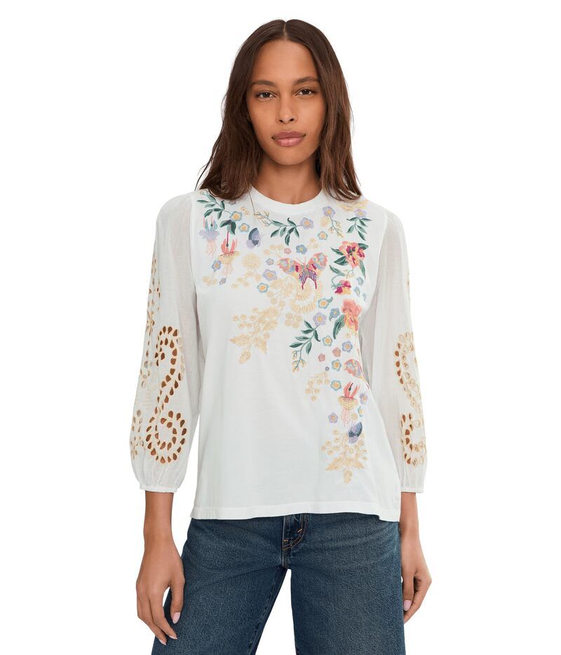 ジョニーワズ レディース トップス シャツ Johnny Was 34 Sleeve Mixed Media Tee Arva White ホワイト
