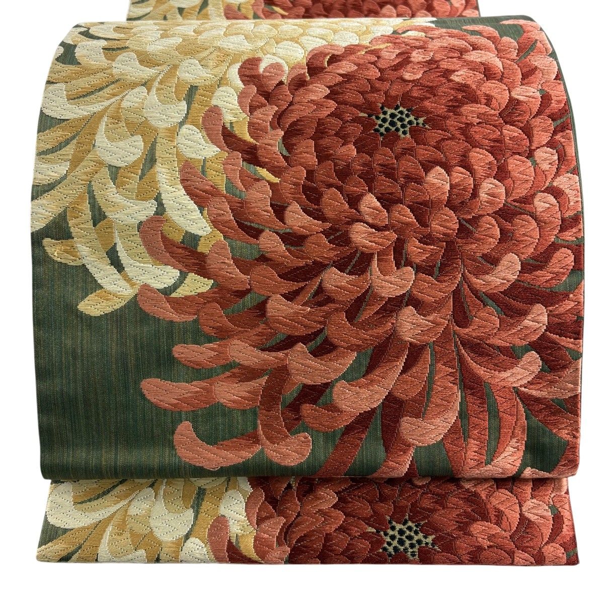 【美品】 袋帯 秀品 乱菊 華燭重陽文 箔 刺繍 茶緑色 六通 正絹 【中古】