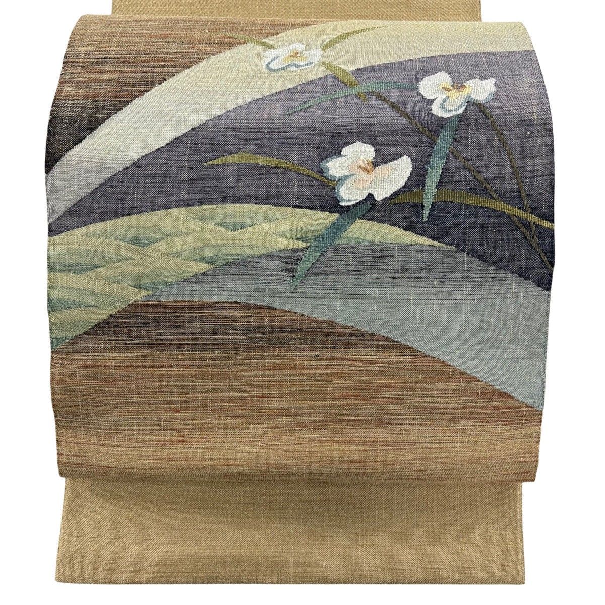 【美品】 袋帯 秀品 紬地 蘭 波 ベージュ お太鼓柄 正絹 【中古】
