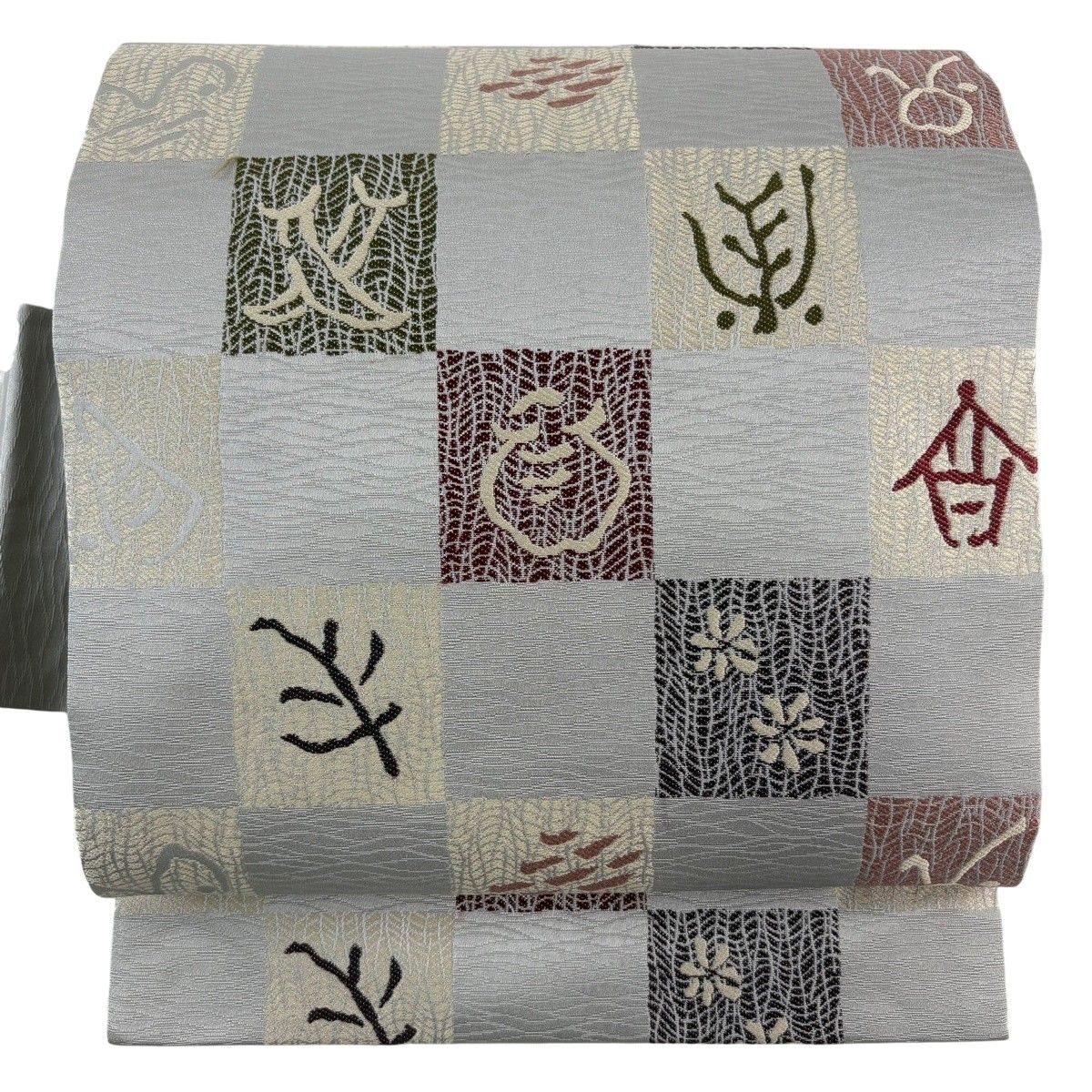 名古屋帯 秀品 幾何学模様 花 灰色 正絹 【中古】