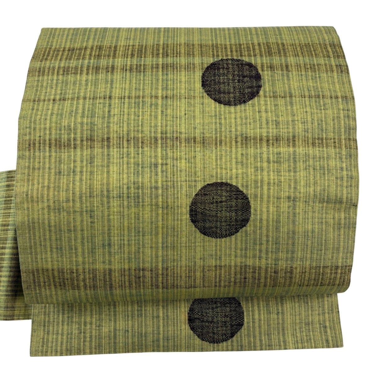 【美品】 名古屋帯 秀品 紬地 丸文 縞 よもぎ色 正絹 【中古】