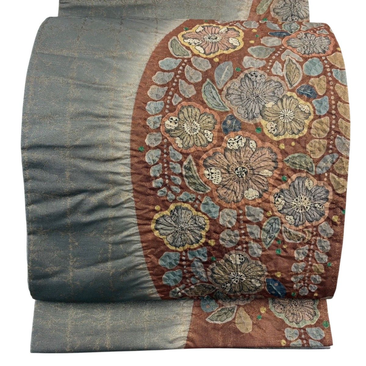 【美品】 袋帯 秀品 落款 桜 箔 灰色 お太鼓柄 正絹 【中古】