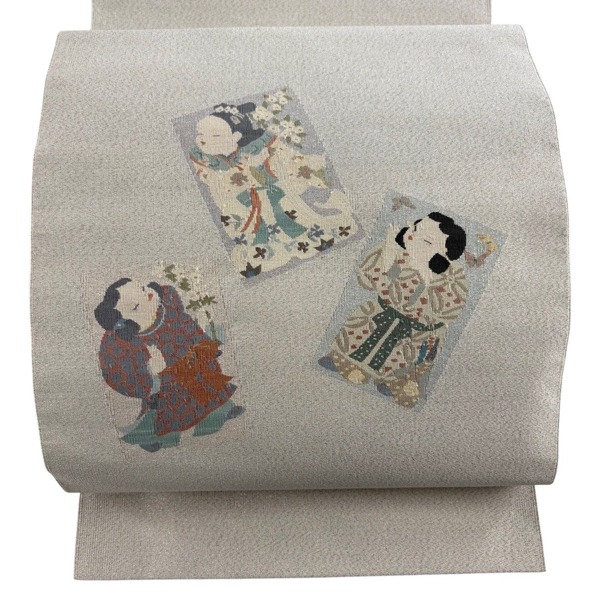 【美品】 名古屋帯 秀品 八寸名古屋帯 松葉仕立て 童 銀通し 灰色 正絹 【中古】