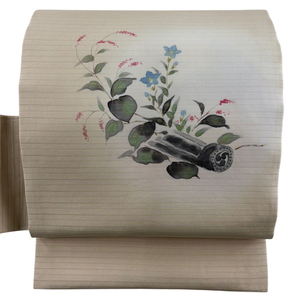 【美品】 名古屋帯 秀品 落款 夏帯 絽 草花 花器 ベージュ 正絹 【中古】