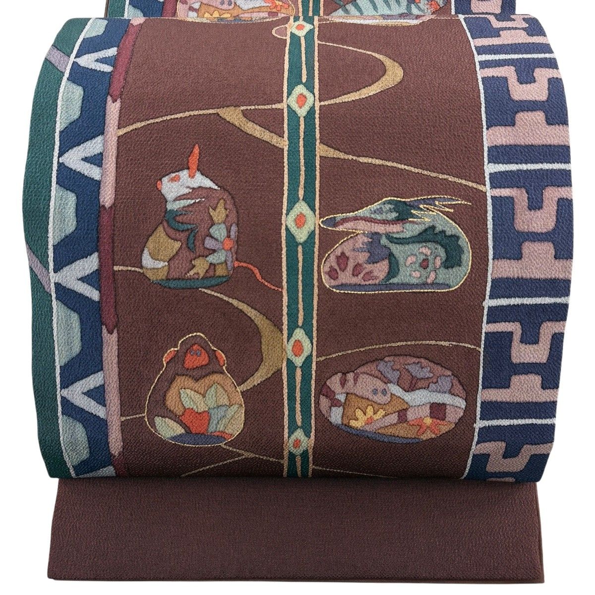 【美品】 袋名古屋帯 秀品 干支 幾何学 金彩 縮緬 茶紫 正絹 【中古】